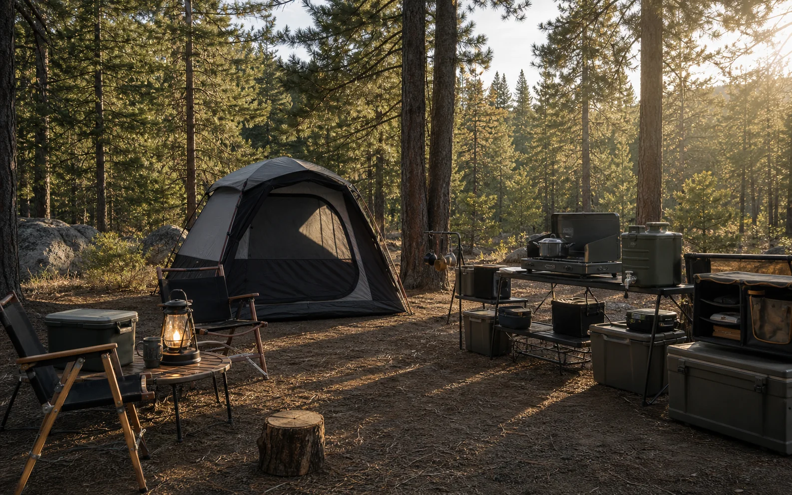 An organized campsite with water storage, tent, lantern, and cooking area