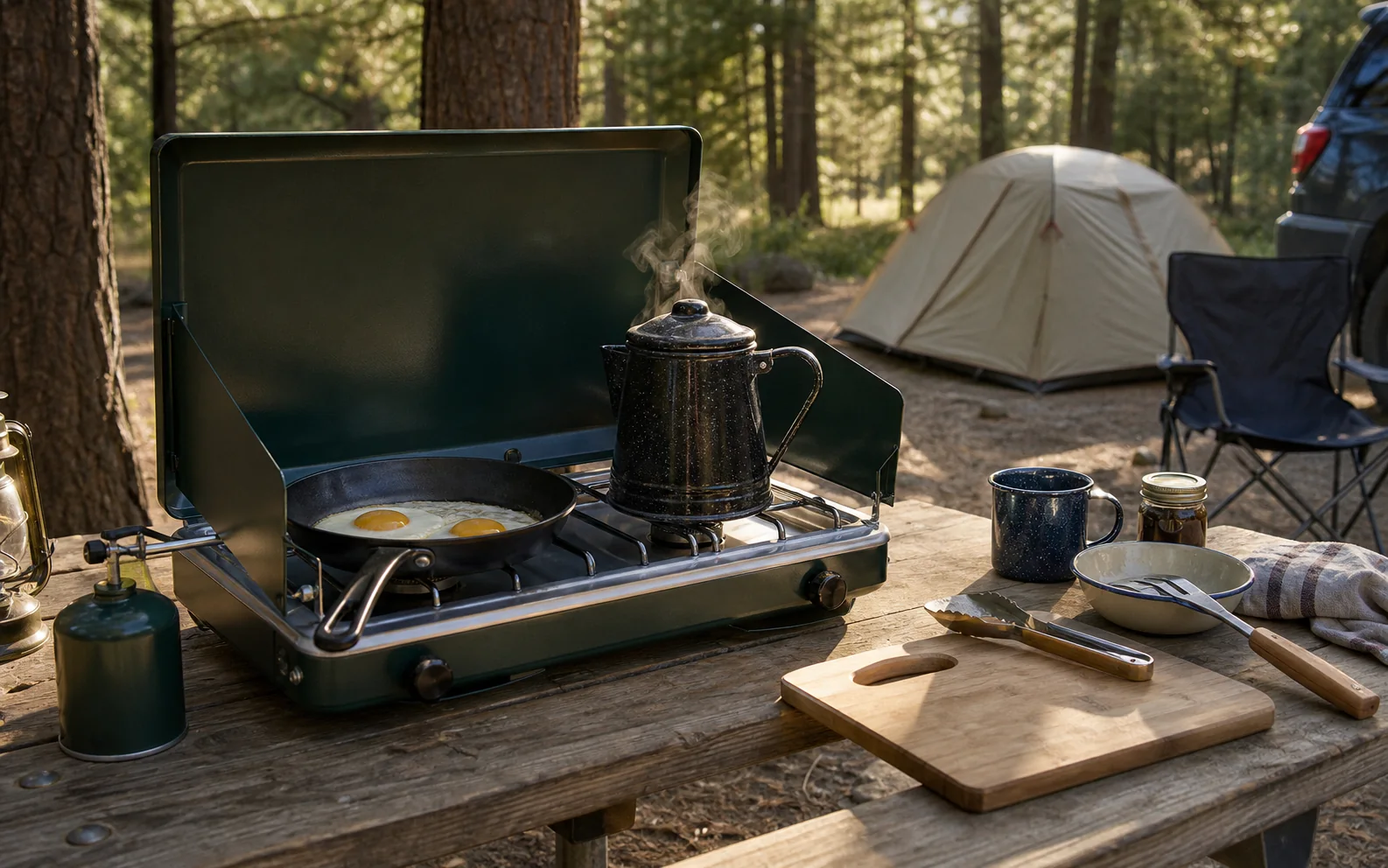 A two burner camping stove cooking breakfast on a wooden camp table