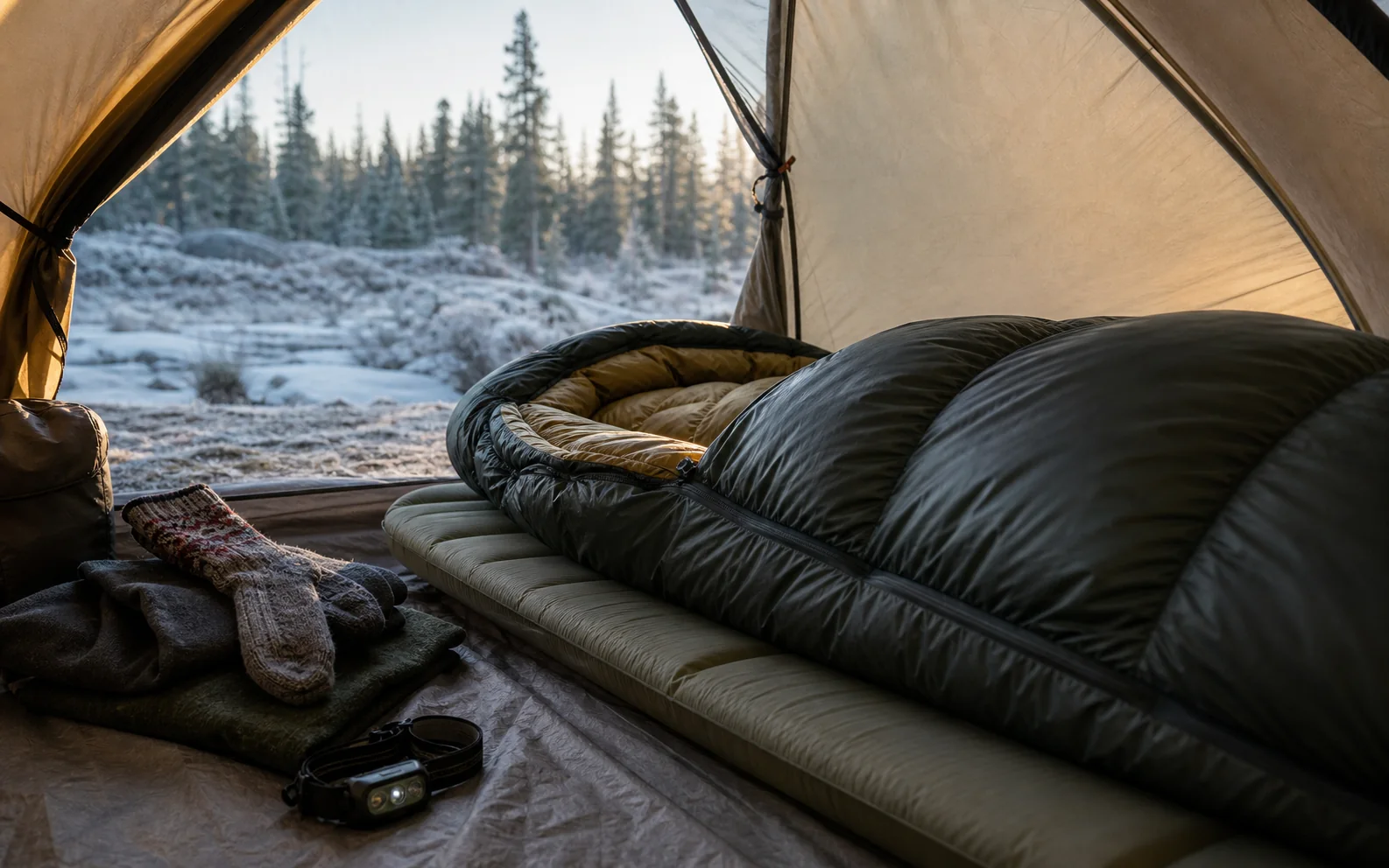 A cold weather sleeping bag inside a canvas tent with frost outside