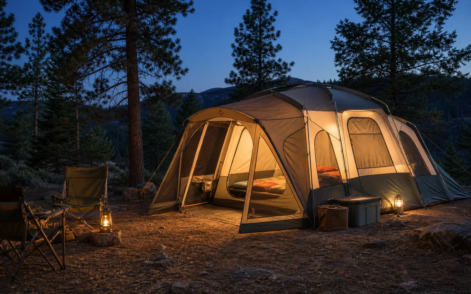 A premium family camping tent glowing at dusk beside pine trees